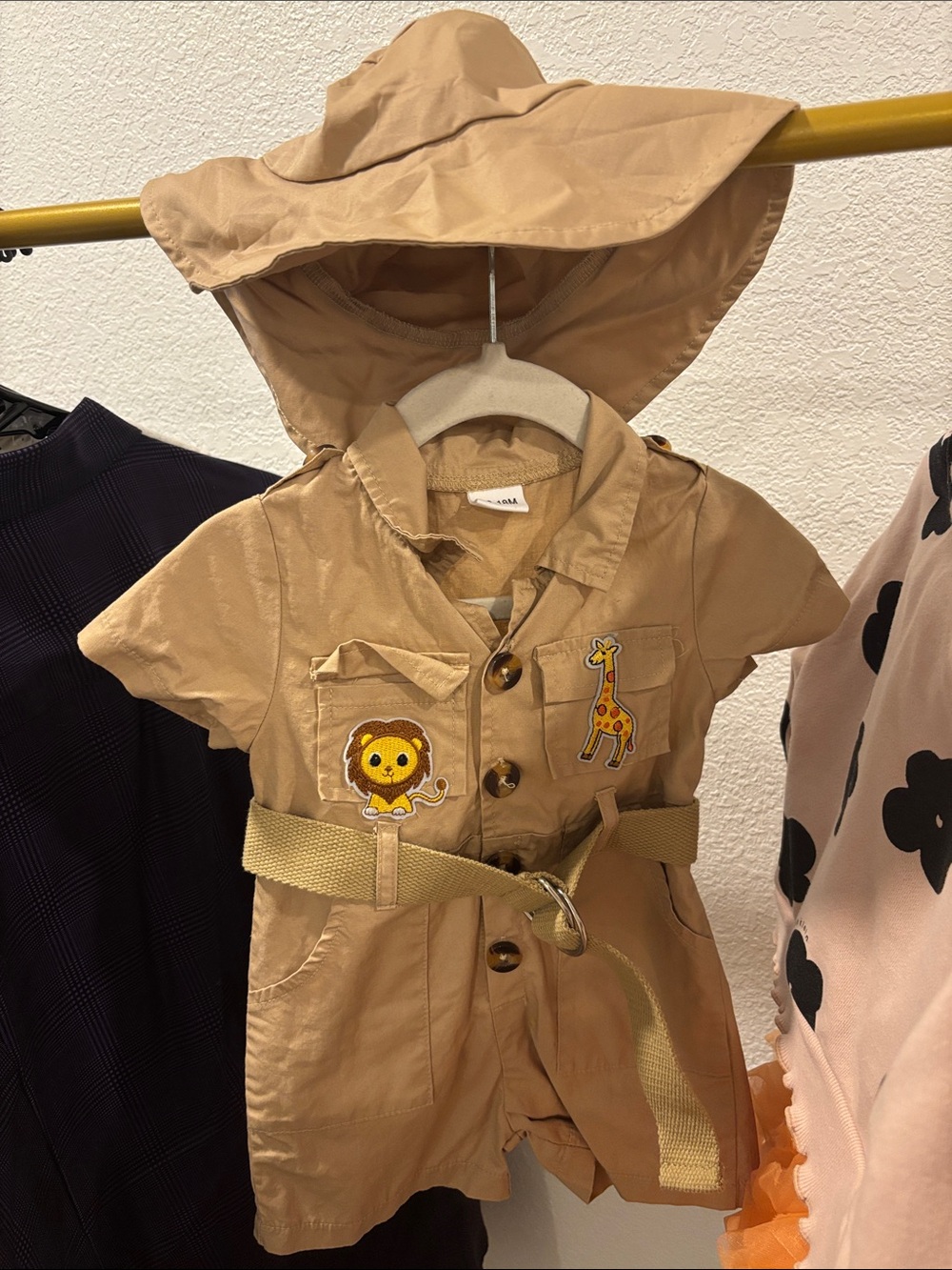 Khaki Safari Romper with Hood and Animal Patches